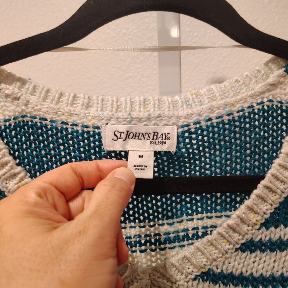 St. John's Bay Women's V-Neck Sweater Teal White Stripes Mesh Style Size Medium - Picture 6 of 10